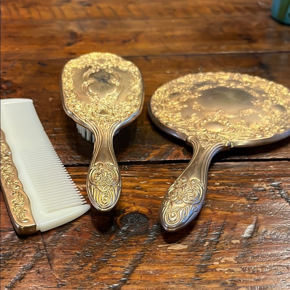 Gold Vanity Set with Brush, Mirror, and Comb